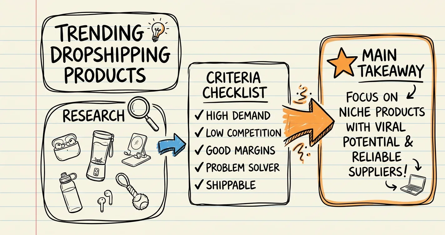 Trending dropshipping products sketchnote: magnifying glass over product doodles and a rising chart