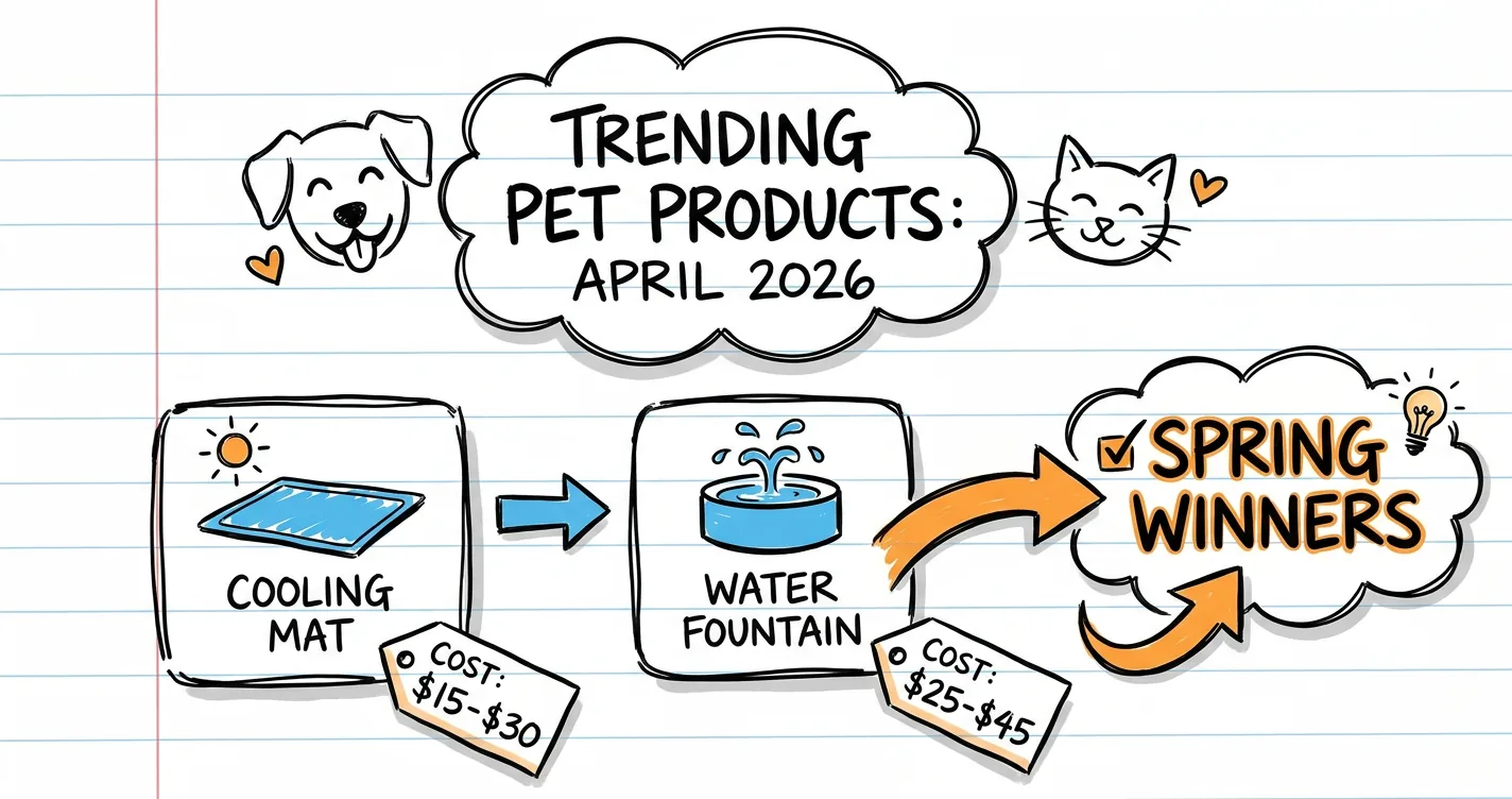 Trending pet products April 2026 sketchnote: pet doodles (dog, cat), cooling mat, water fountain, cost tags and an orange arrow to spring winners