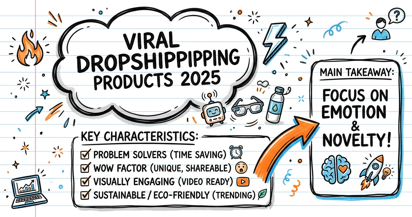 Viral dropshipping products 2025 sketchnote with fire icons and viral product doodles
